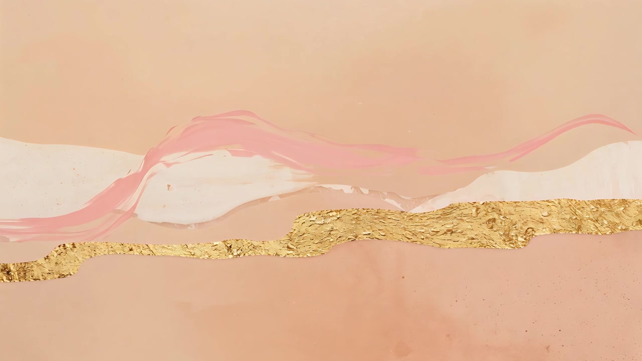 Ampio tratto rosa che entra da sinistra, attraversa una fascia bianco sporco e rivela una lamina d'oro su una base color pesca.