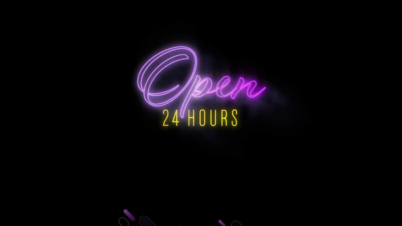 Open 24 hours with purple trails on black background
