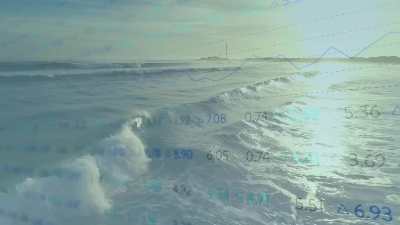 ドローンスタイルのカメラが海の波の上を滑空し、タワーがデータチャートとして表示され、データの上昇を示す