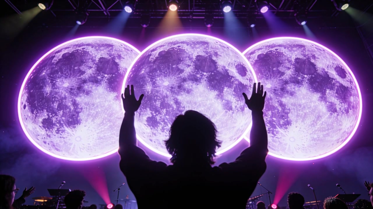 Centered adult raising, lowering, raising hands at gig, reacting to pulsing lights, purple moons