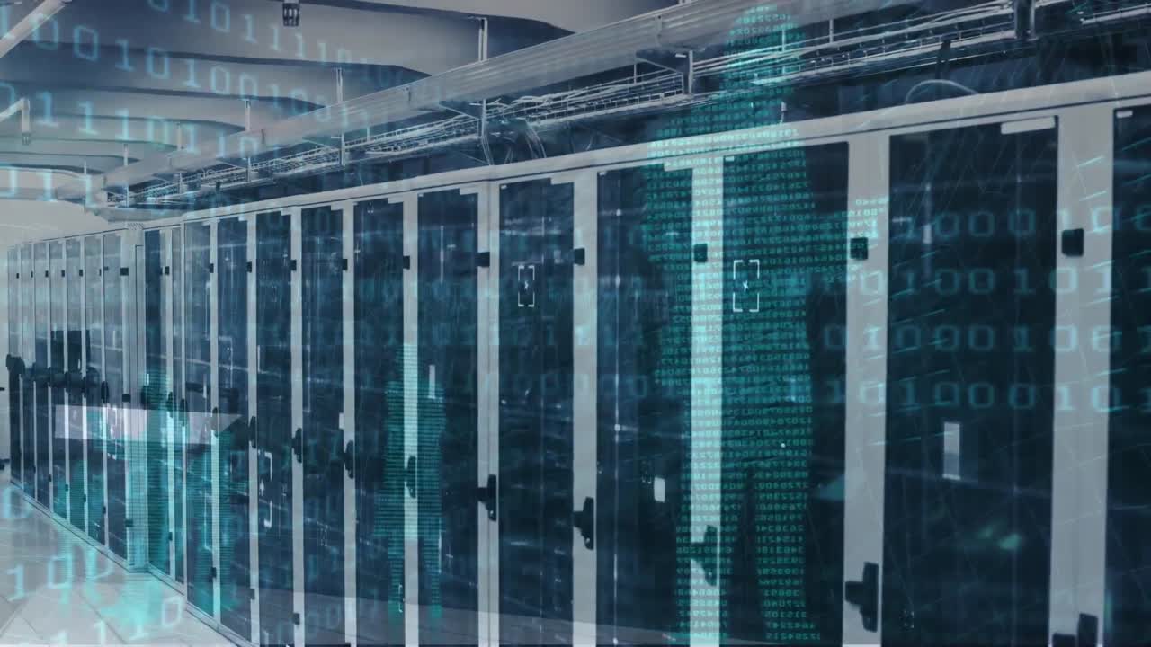 Animation of binary coding and data processing over computer servers