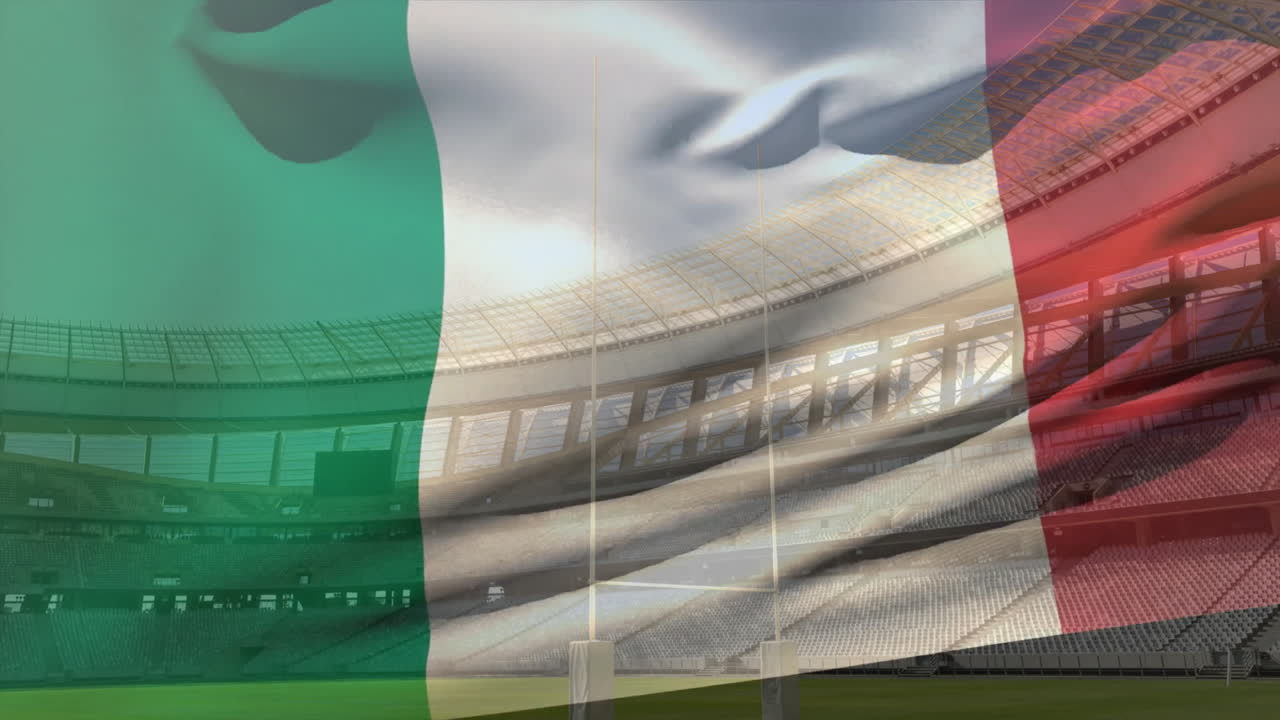 Animazione della bandiera italiana che sventola sopra uno stadio