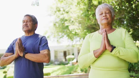 Vídeo-De-Una-Pareja-De-Ancianos-Birraciales-Relajada-Practicando-Yoga-En-El-Jardín