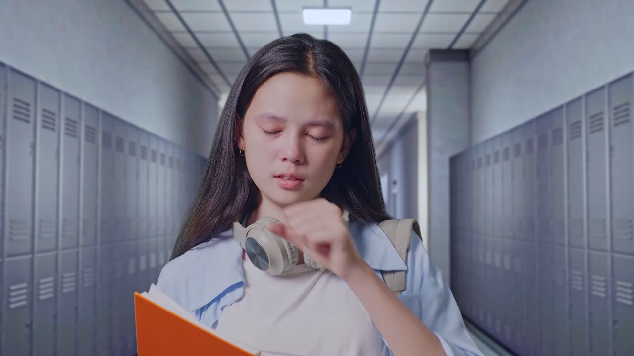 Close Up Of Asian Teen Girl Student With A Backpack Reading Book And Yawning While Standing in Corridor
