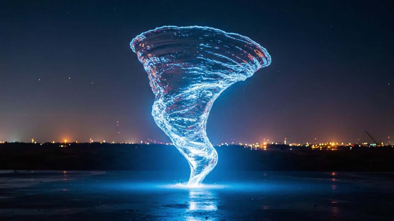 A Stunning Visual Display of a Water Tornado Illuminated by Blue LED Lights Against a Dark Night Sky with City Lights in the Background