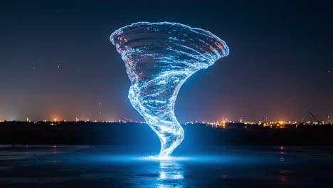 a stunning visual display of a water tornado illuminated by blue led lights against a dark night sky with city lights in the background