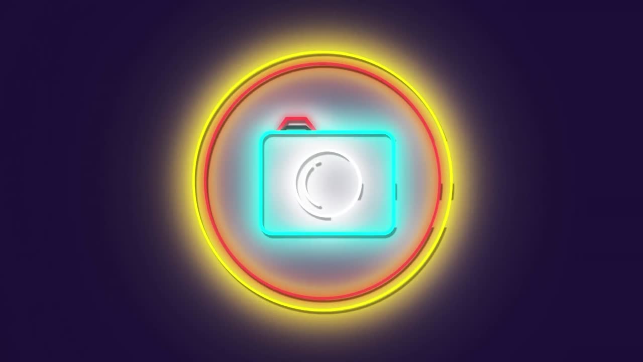 animación del icono de la foto de neón sobre una pancarta redonda contra un fondo azul