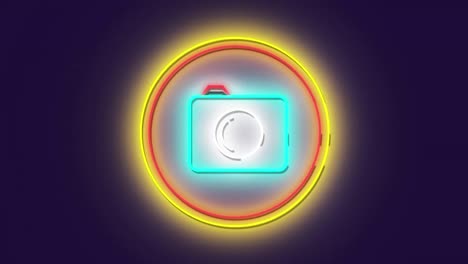 Animation-of-neon-photo-icon-over-round-banner-against-blue-background