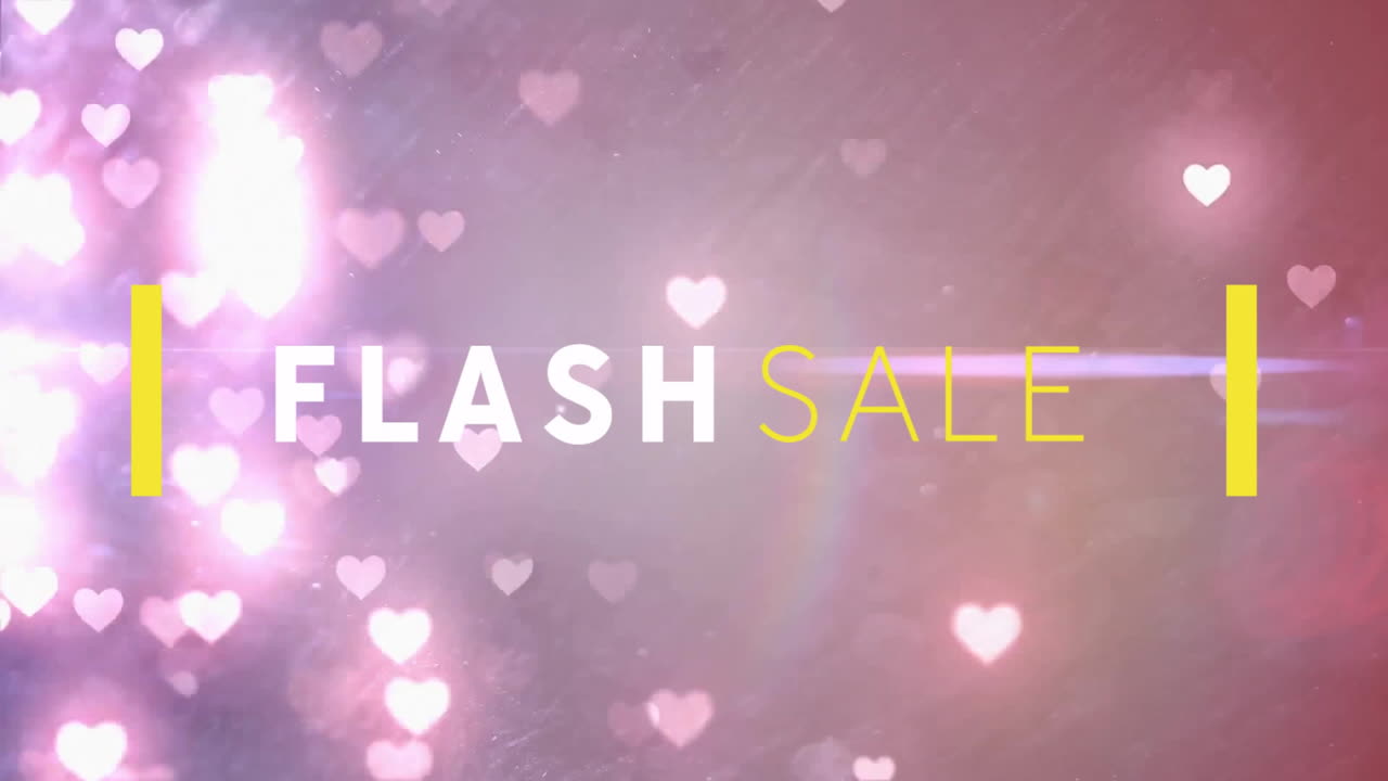 Flash sale text animating across pink purple fade background, glowing heart bokeh and yellow bars