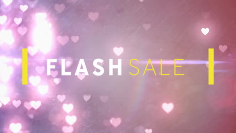 flash sale text animating across pink purple fade background, glowing heart bokeh and yellow bars
