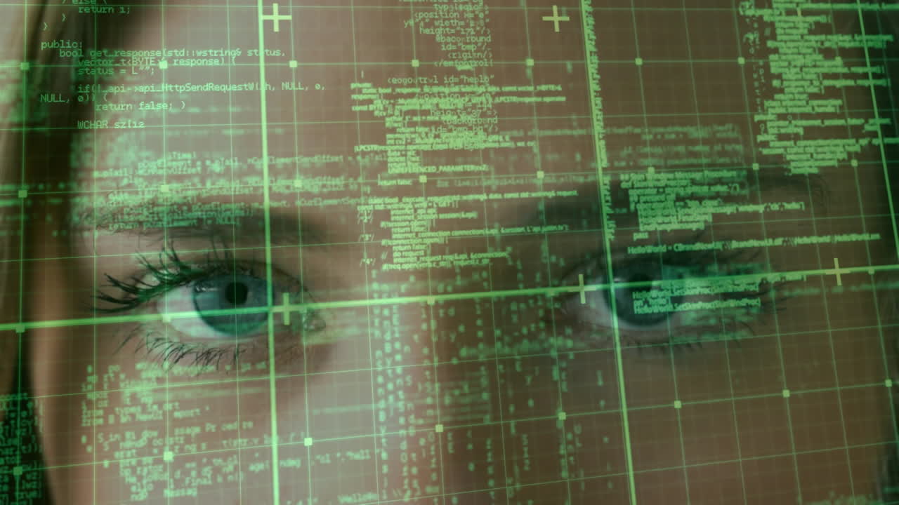 procesamiento de datos a través de la red de cuadrícula contra el acercamiento de los ojos de la hembra