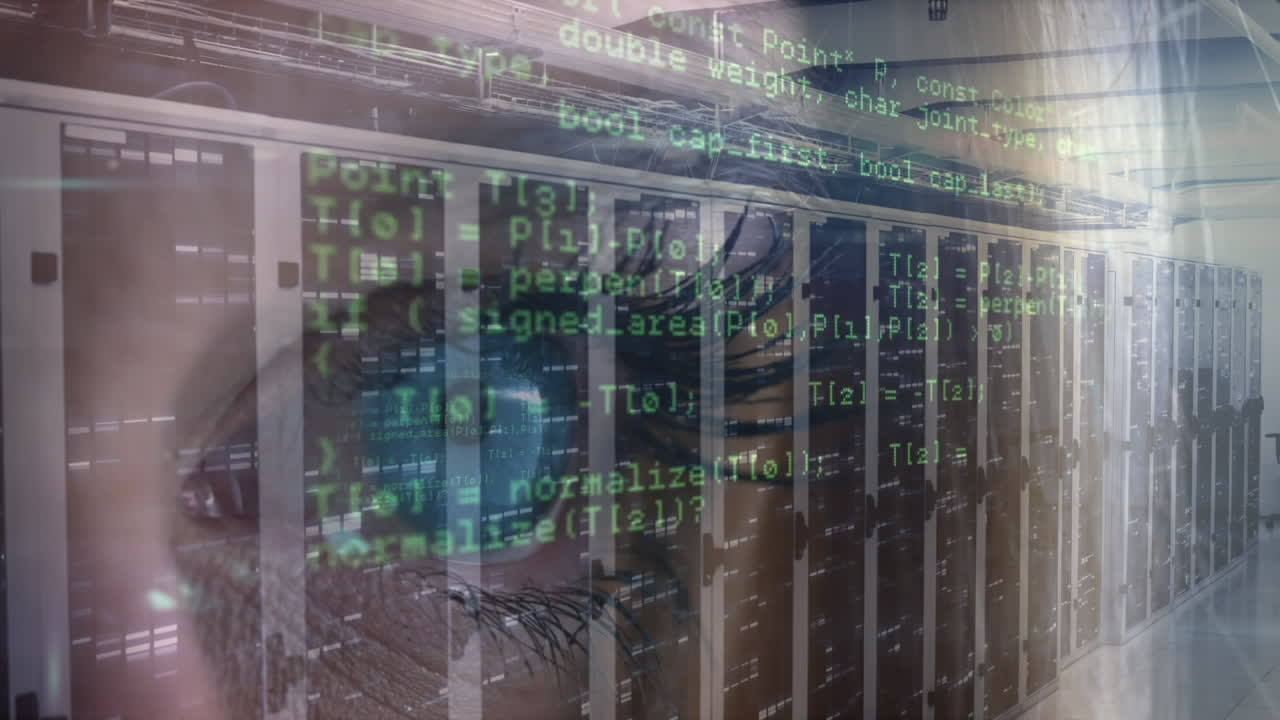 animación del procesamiento de datos y columnas móviles sobre el ojo y la sala de servidores