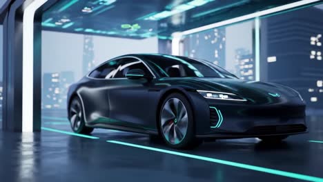 futuristic electric vehicle showcased in a modern urban environment with neon accents and sophisticated design elements at night