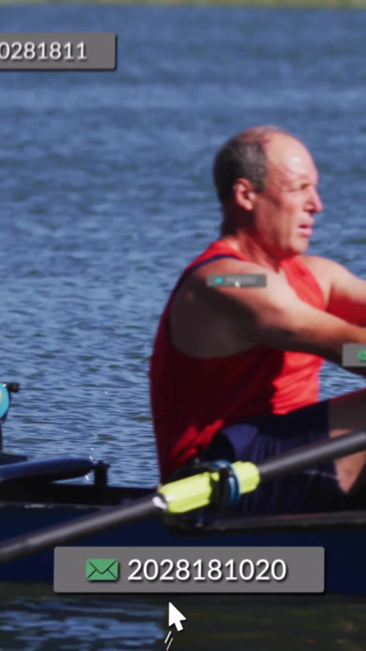 Vertical video: Rower rowing on water, cursor moving, showing numbers near rower for sport data