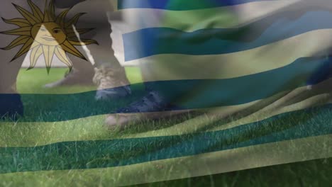 animation of uruguayan flag waving over two multi-ethnic rugby teams playing rugby