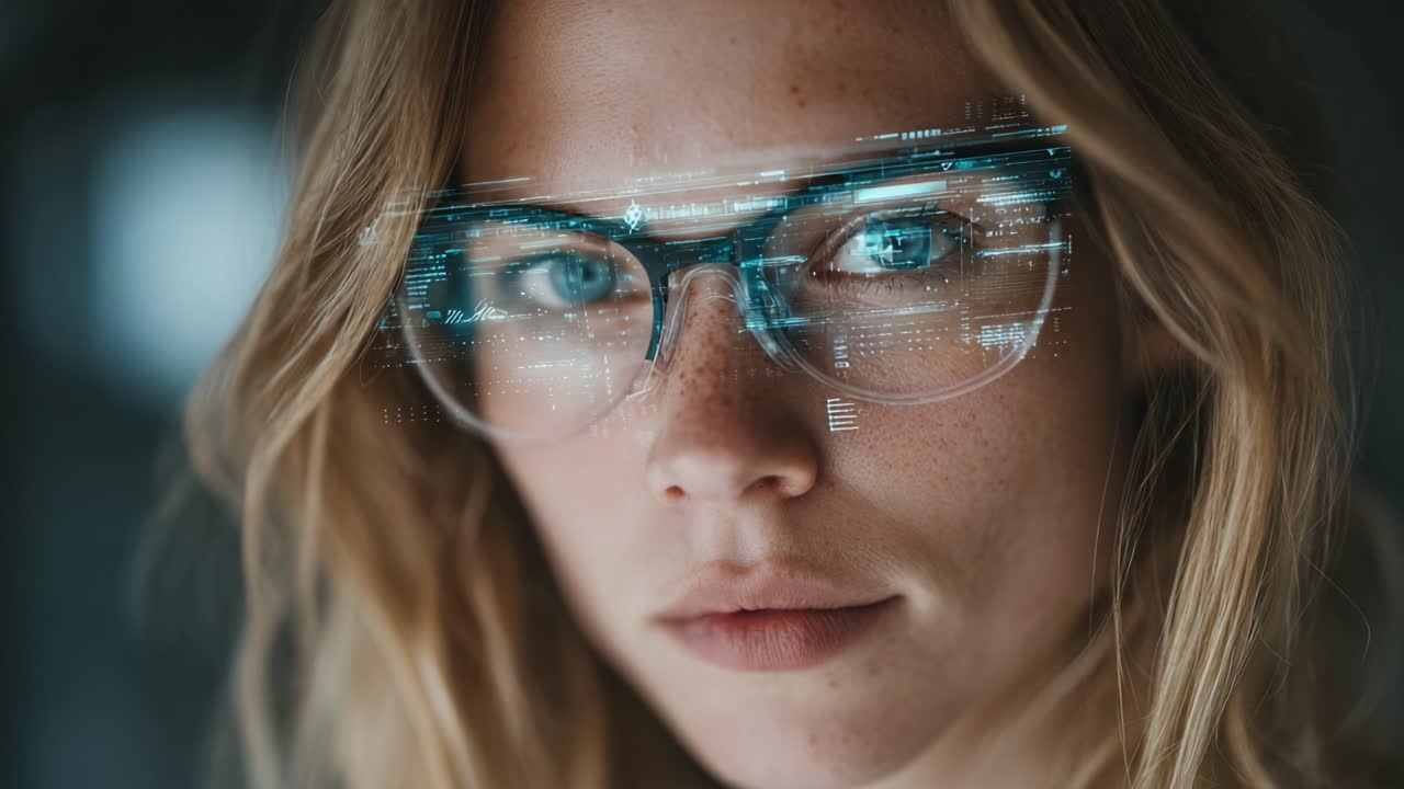 A thoughtful gaze through futuristic glasses revealing technological data; exploring the intersection of vision and innovation in a captivating close-up portrait