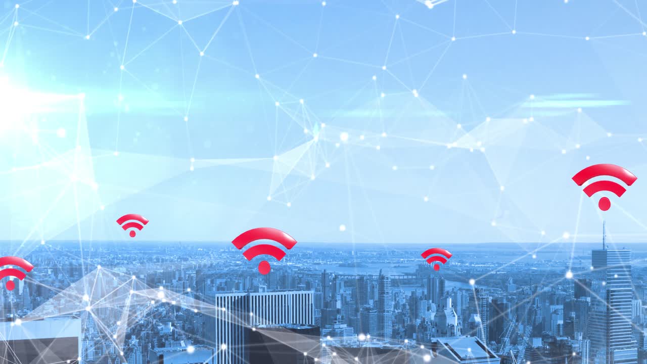 animación de múltiples símbolos wifi rojos sobre la red de conexiones y el paisaje urbano