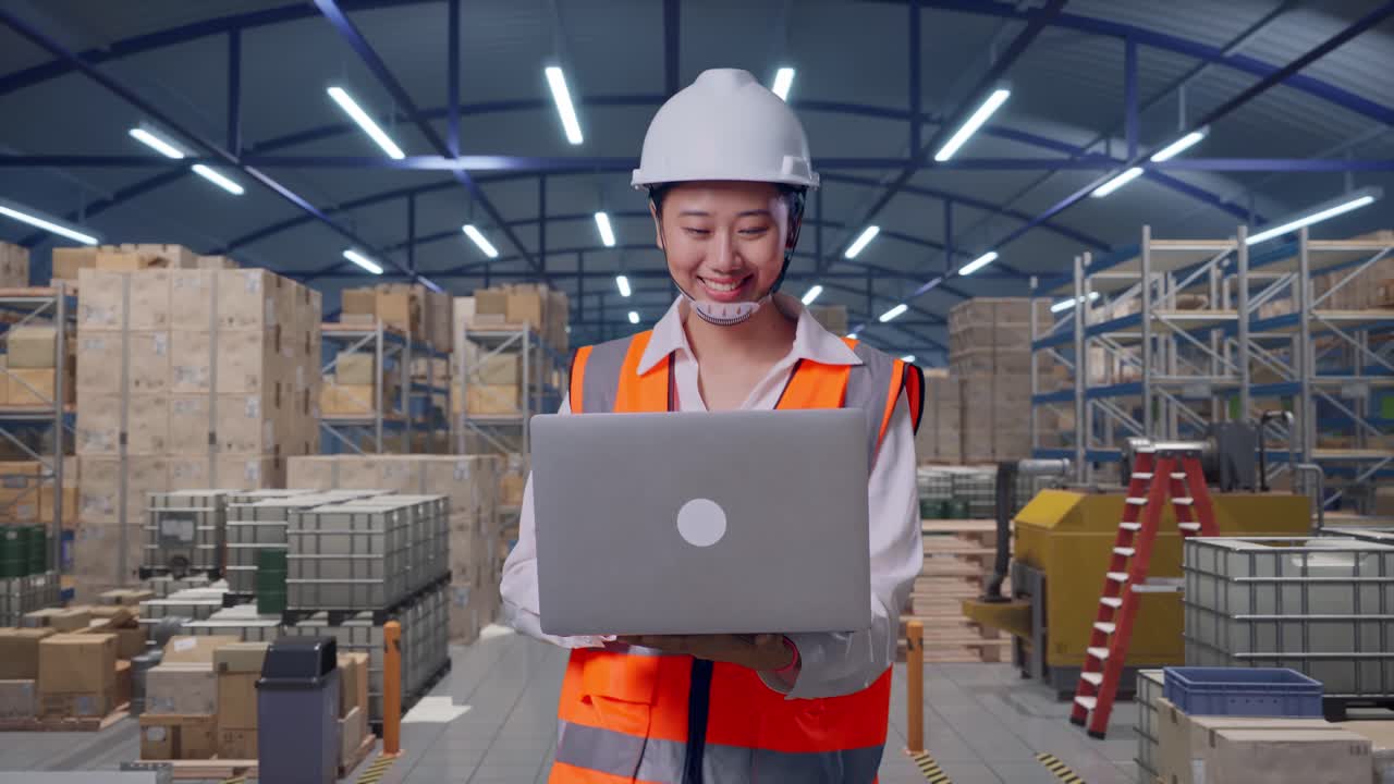 Vista frontale di un'ingegnere donna asiatica che usa il computer mentre cammina in un ampio magazzino con file di scaffalature.