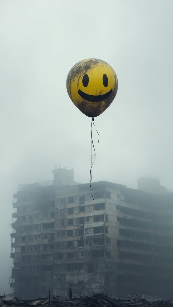Un palloncino con faccina sorridente consumato fluttua contro uno sfondo urbano nebbioso e desolato