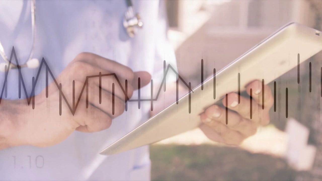 Doctor tapping tablet screen outside clinic and reviewing patient data, scrolling vital signs graph