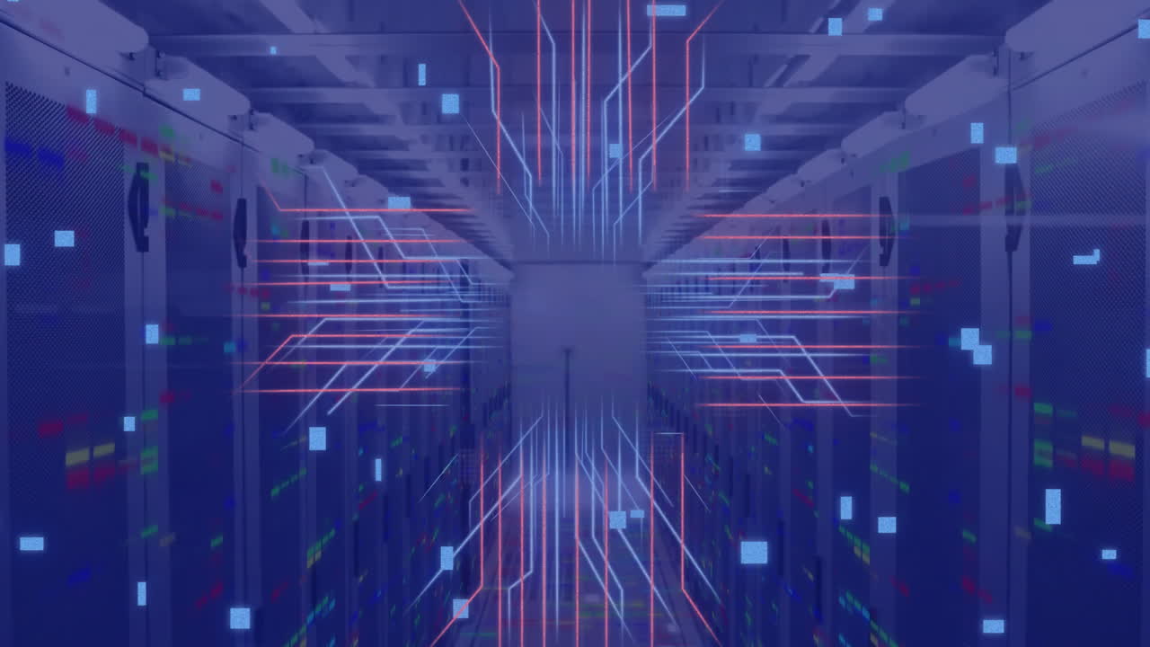 Animation of circuit board and data processing over computer servers