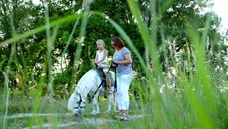 mom and daughter are walking around the field, daughter is riding a pony, mother is holding a pony for a bridle. cheerful, happy family vacation. outdoors, in summer, near the forest
