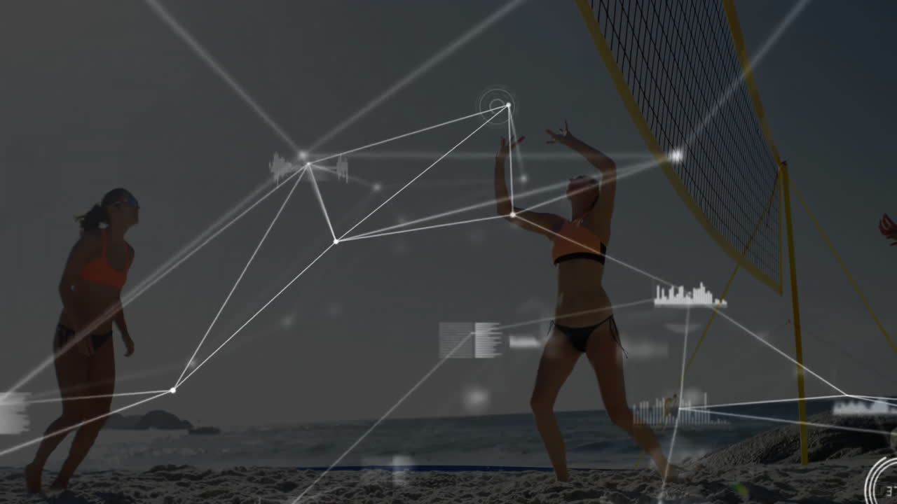 jugando al voleibol de playa, personas con puntos de datos y conexiones de red animación
