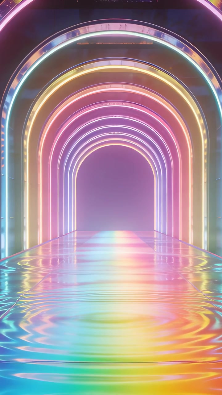 Vertical video: Lights rising driving neon arcs pulsing sending ripples on floor in looping tunnel