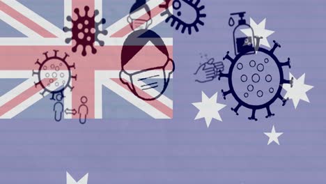 Animation-Von-Covid-19-Viruszellen-Und-Digitalen-Symbolen-über-Der-Flagge-Australiens