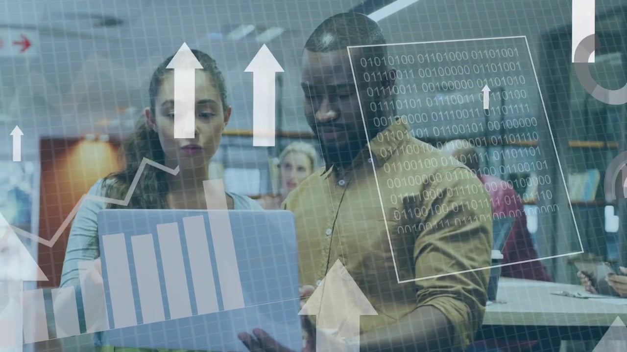 Woman pointing at laptop while man scrolling, starting tech charts growing across screen, analyzing