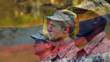 animation of flag of colombia over diverse male soldiers