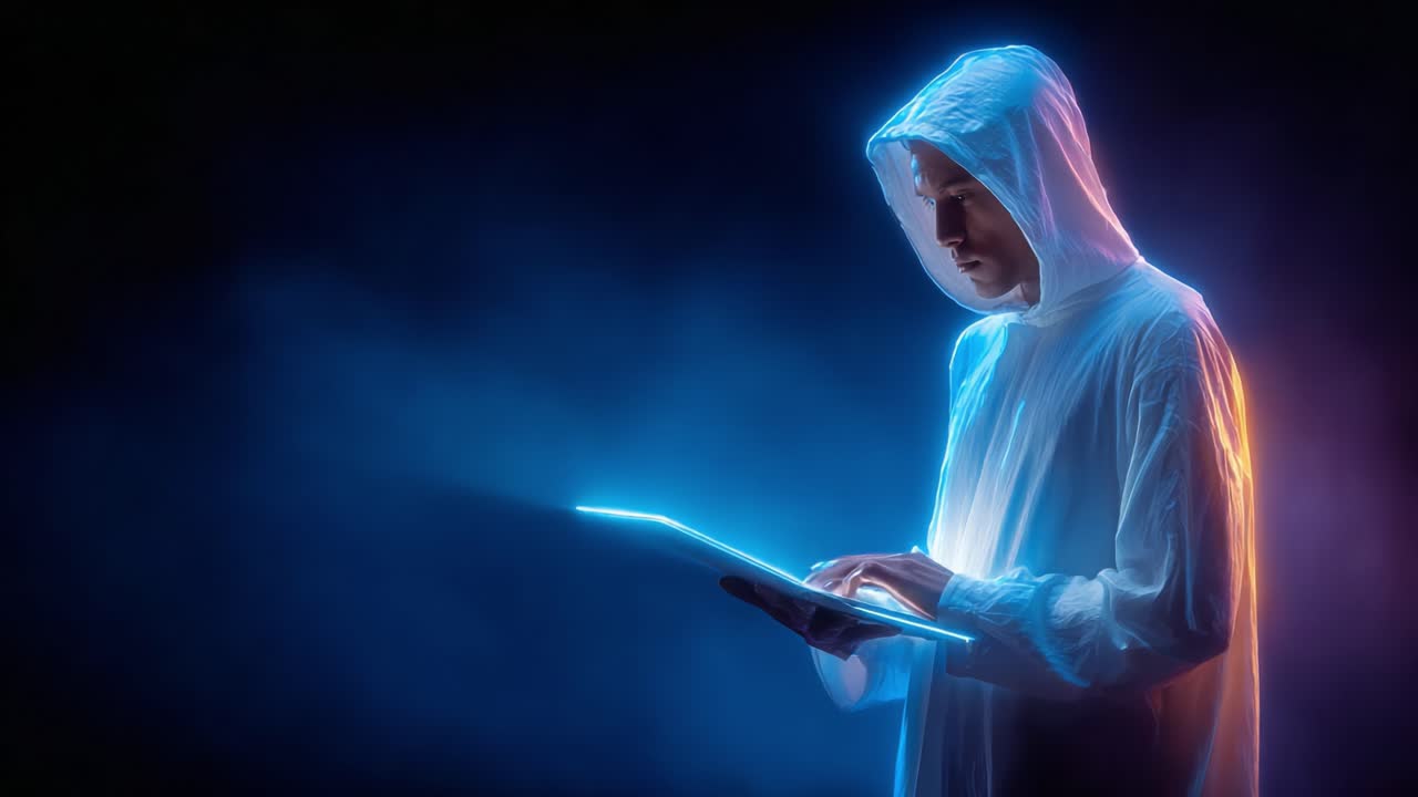 A Mystical Figure in a Hooded Cloak Engaged with a Laptop, Illuminated by Neon Lights and Surrounded by a Dreamy Atmosphere of Colorful Smoke