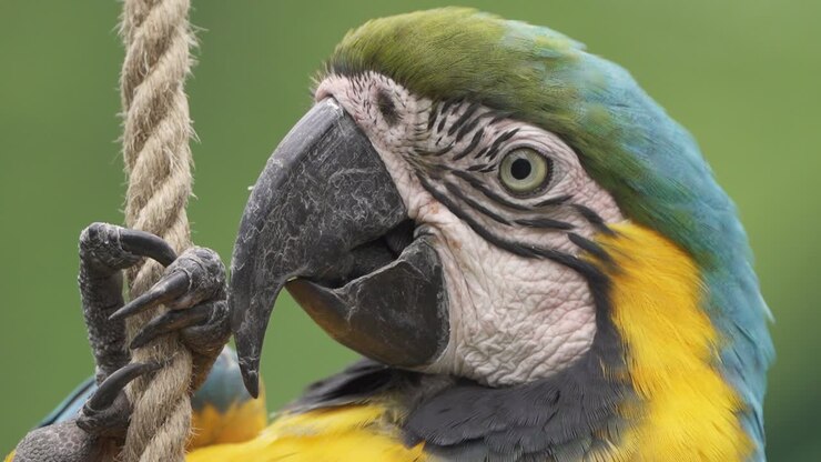Primerísimo primer plano de un lindo guacamayo azul y amarillo colgado de una cuerda y girando la cabeza