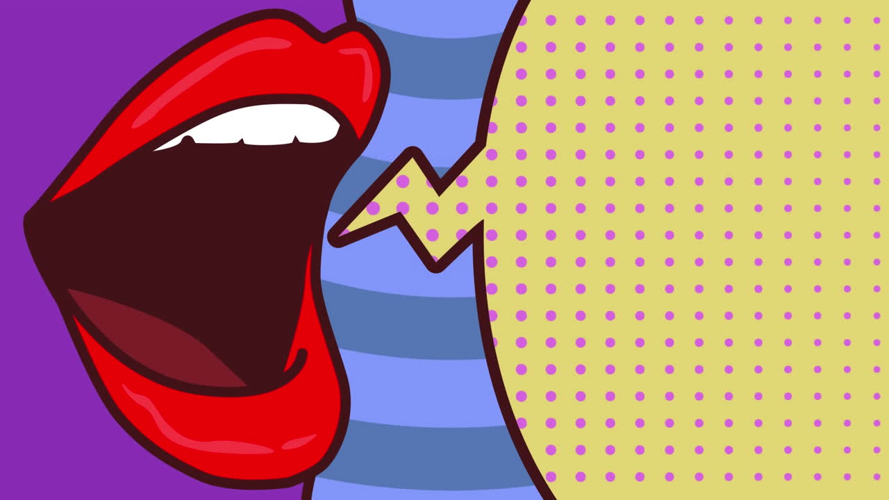 animación de la boca de una mujer con una burbuja de dibujos animados en un fondo azul