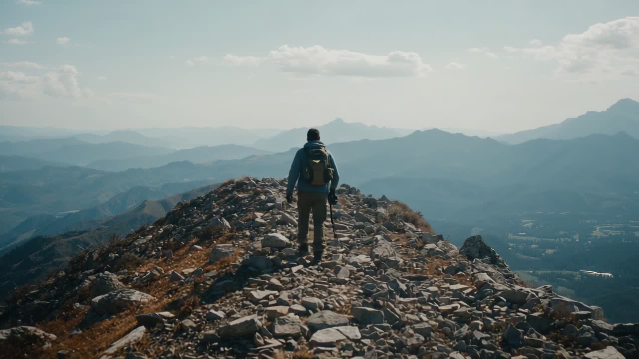 Allontanandosi dalla cresta, escursionista adulto con giacca con cappuccio che usa bastoncini da trekking con zaino verso le cime