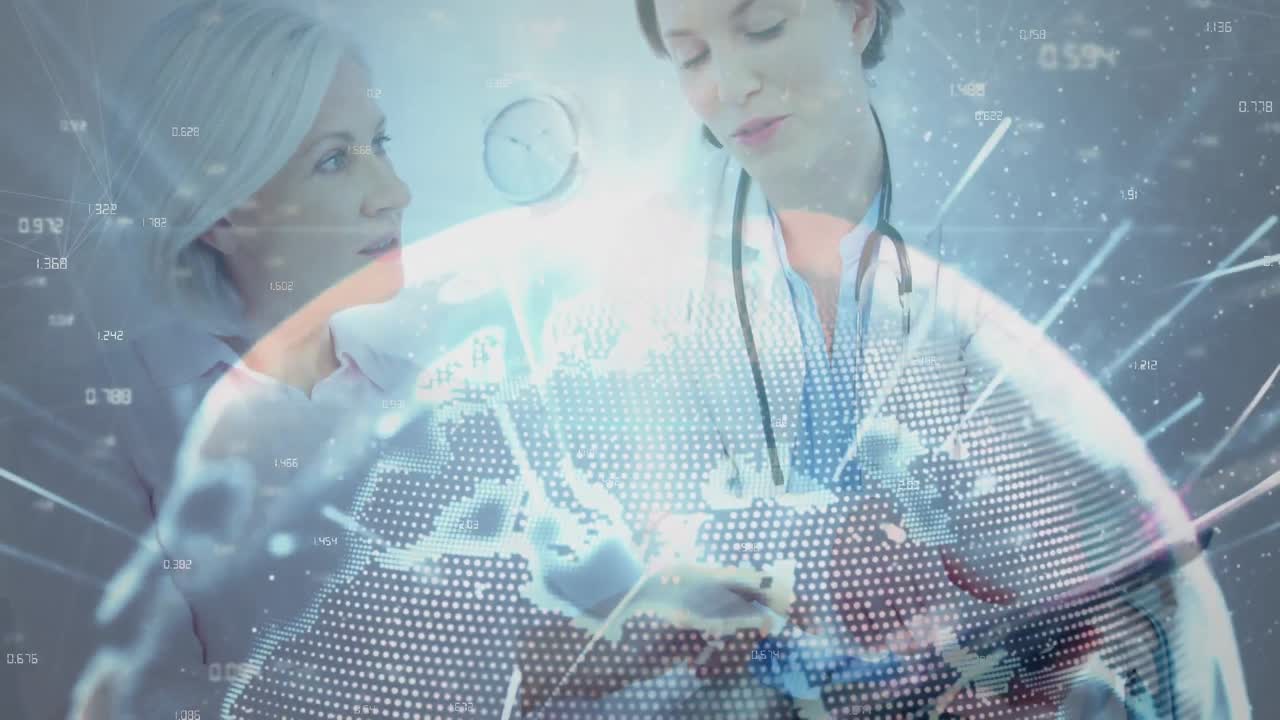 анимация глобуса и координат по различным женщинам-врачам и пациентам, разговаривающим