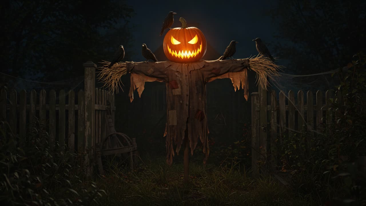 Eine gruselige Vogelscheuche steht Wache an einem verlassenen Tor, umgeben von krächzenden Krähen und beleuchtet vom unheimlichen Leuchten eines grinsenden Halloween-Kürbisses.