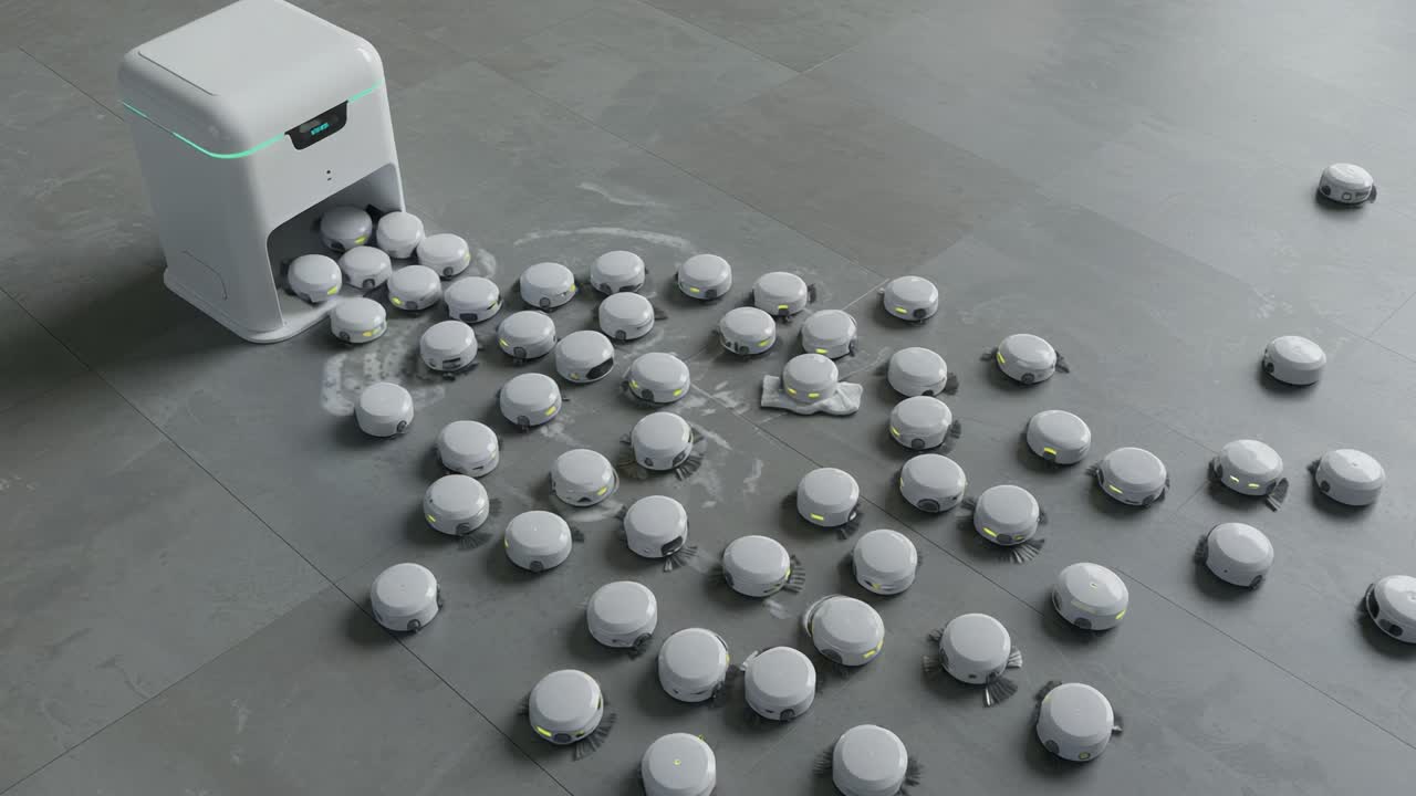 A Scene of Advanced Robotic Technology: Multiple Cleaning Devices Distributing Cleaning Agents on a Surface, Demonstrating Automated Household Efficiency