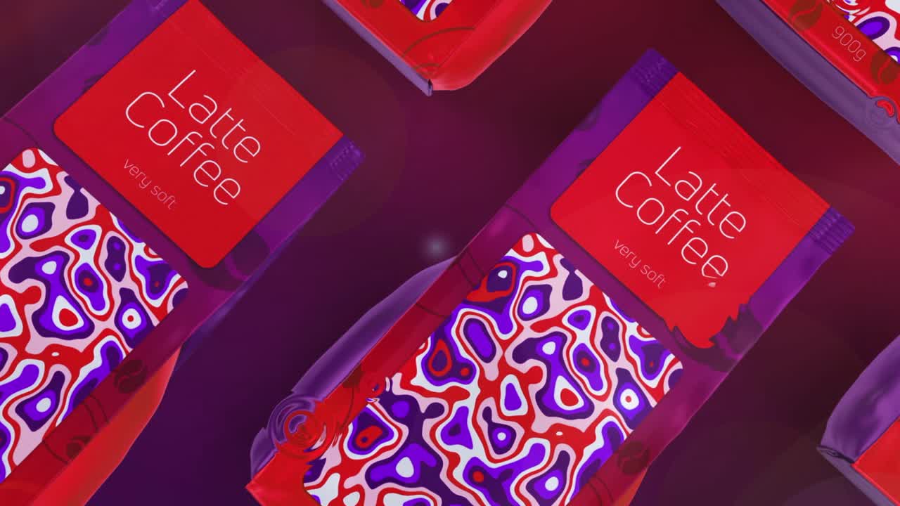 diseño de envases de café latte rojo y púrpura