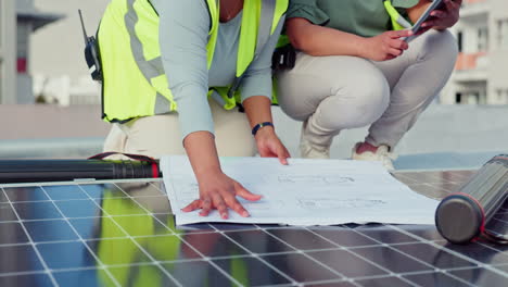 teamwork, planning and solar panels with women