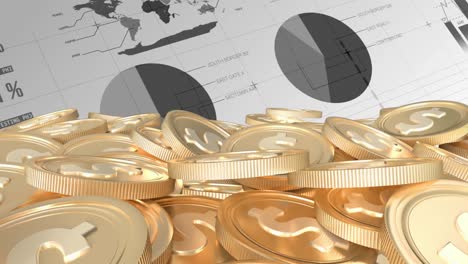 animation of financial data processing over gold coins