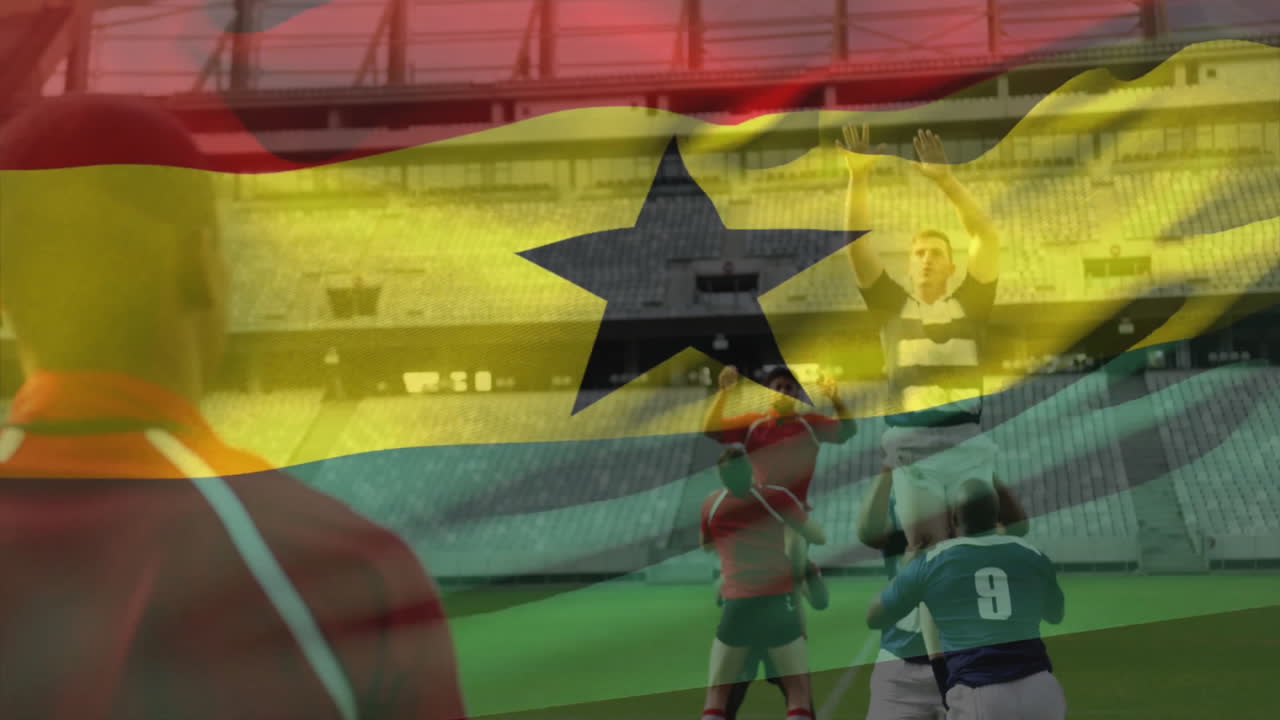 Rugby players in stadium with Ghana flag animation during intense match