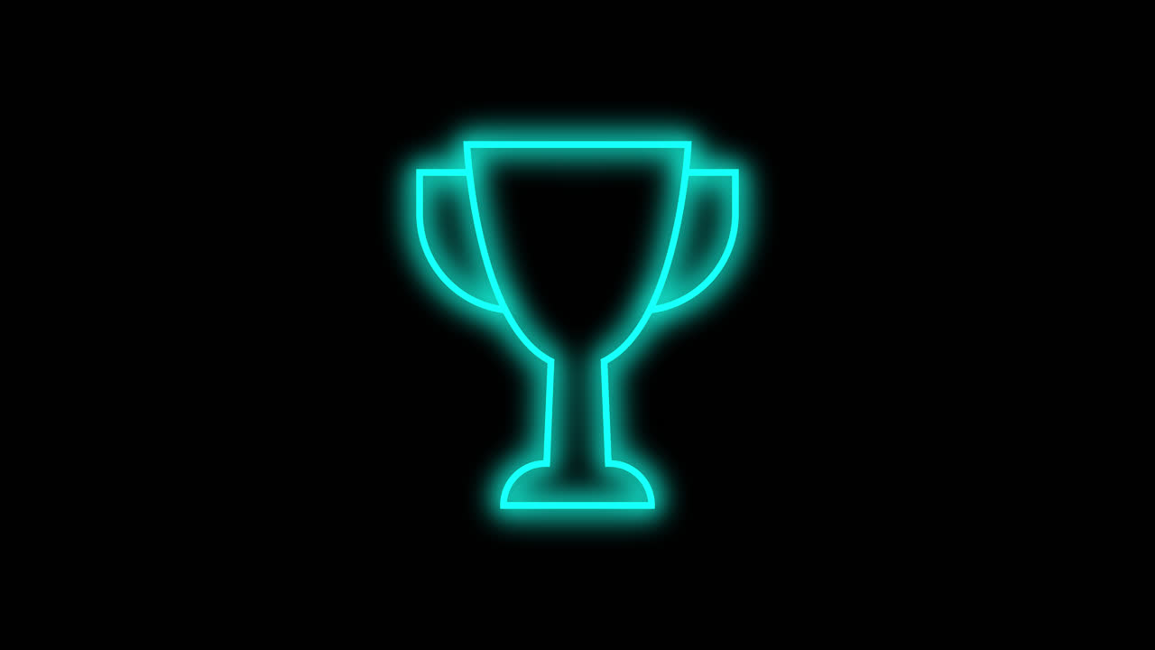 Animazione del contorno di una coppa trofeo ciano neon luminoso su sfondo nero.