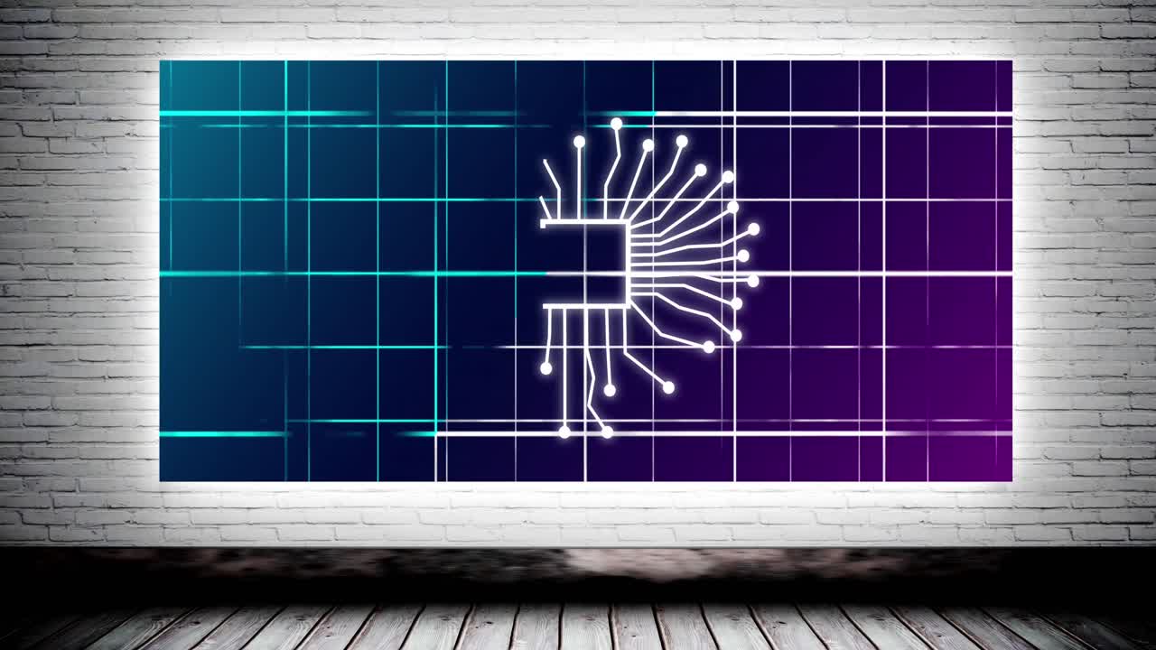 animación del icono de ai y procesamiento de datos sobre la pantalla en la pared de ladrillo