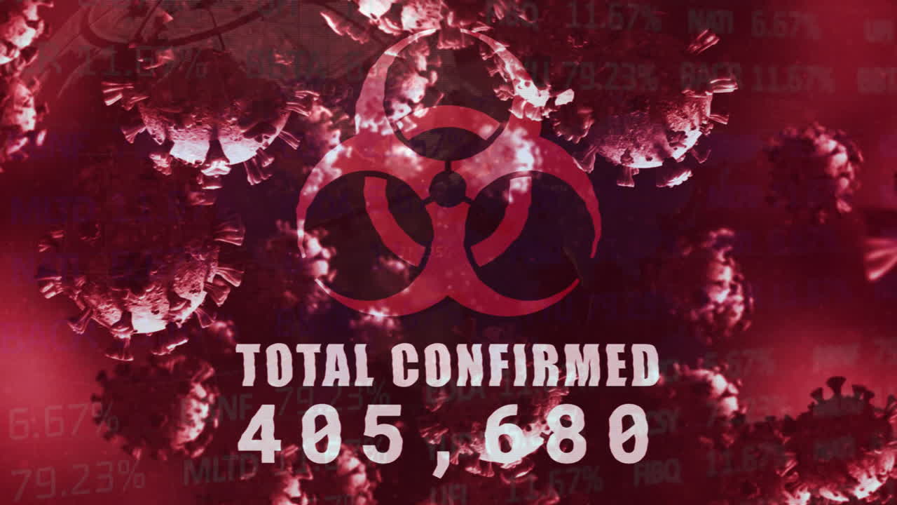 animación de señales de peligro biológico y procesamiento de datos sobre células de covid-19