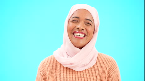 Muslim-woman,-happy-laugh-and-face-portrait