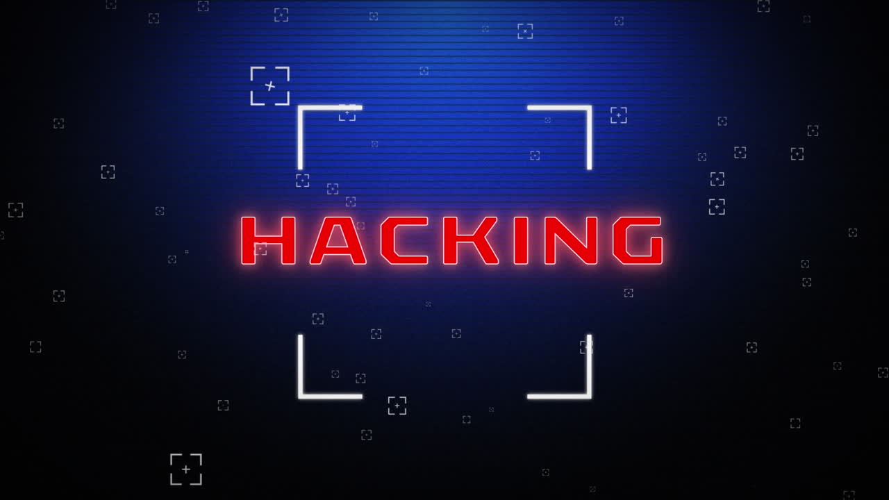 Animation of hacking text in red with square scopes on dark blue lined screen