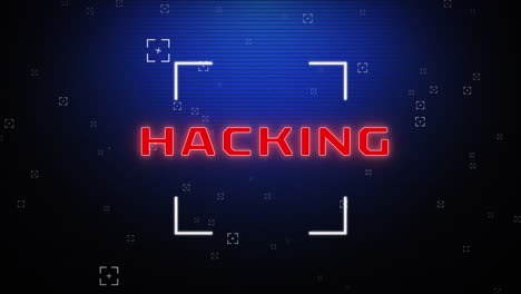 Animation of hacking text in red with square scopes on dark blue lined screen