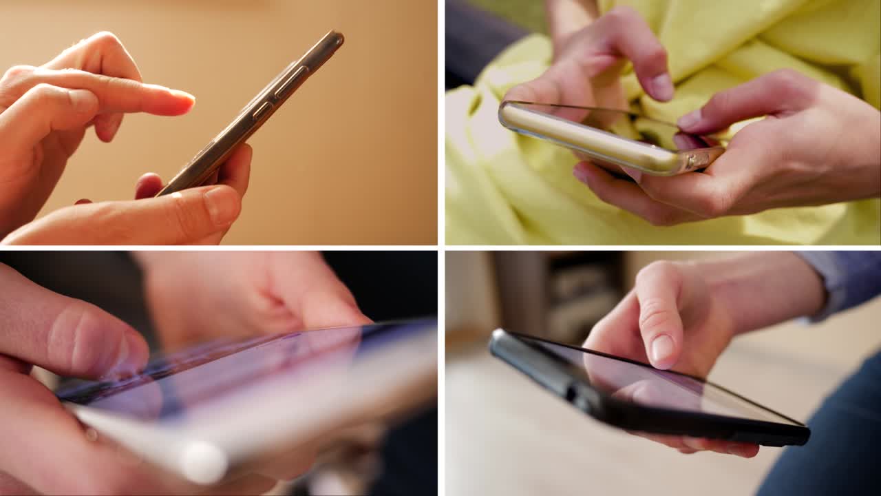 Collage of closeups using smart phones typing and sliding in messengers and social medias