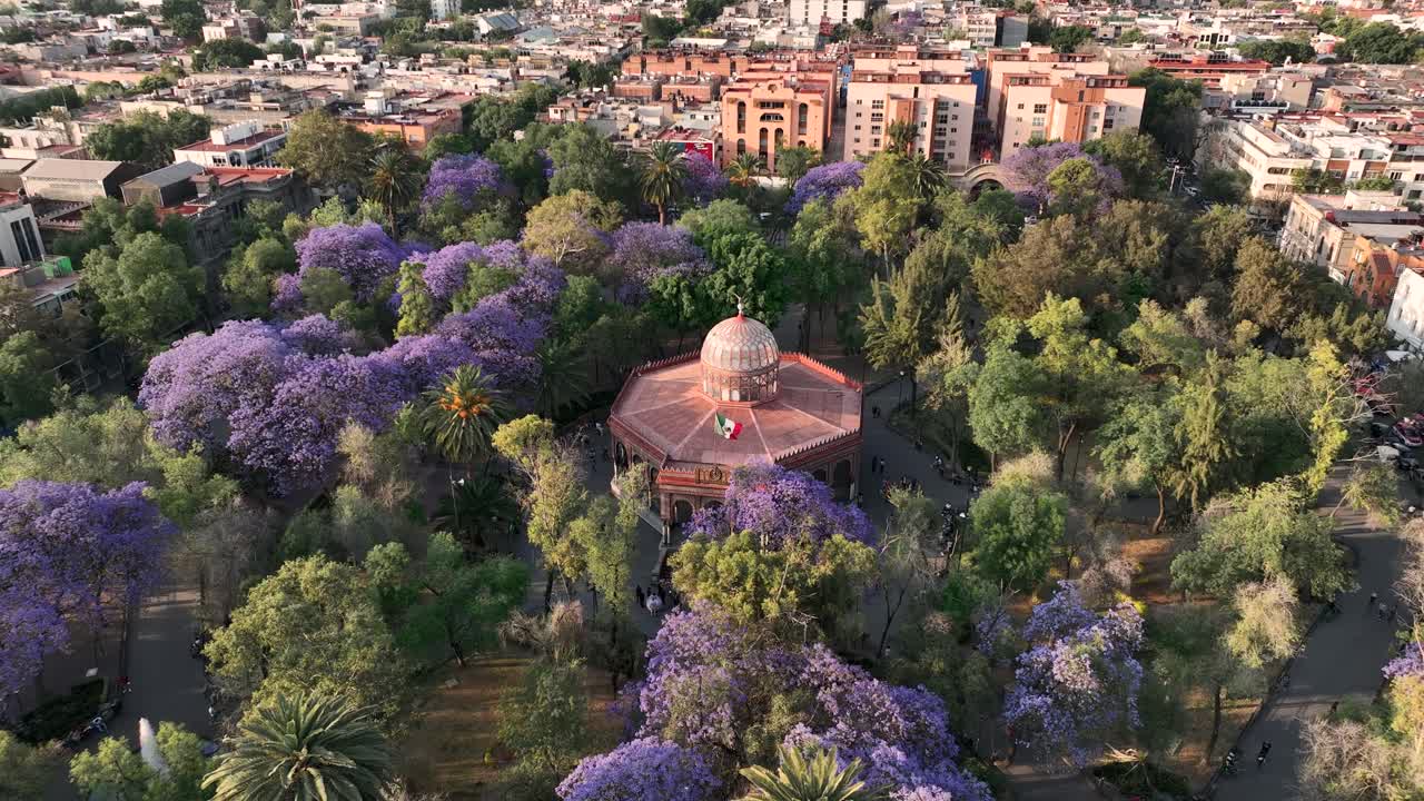 Flying Over Unique kiosko morisco Garden Park In Mexico City At Sunny Day